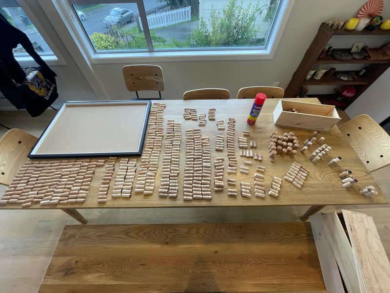 Components of the new wine cork notice board pre-assembly